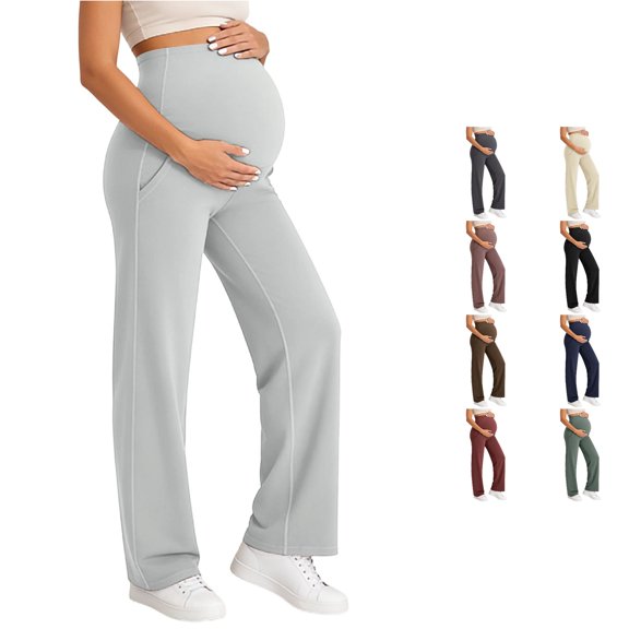 Gyujnb High Waist Full Belly Maternity Wide Leg Pants Stretch Fabric Side Pockets Loose Fit Casual Everyday Pregnancy Trousers,M