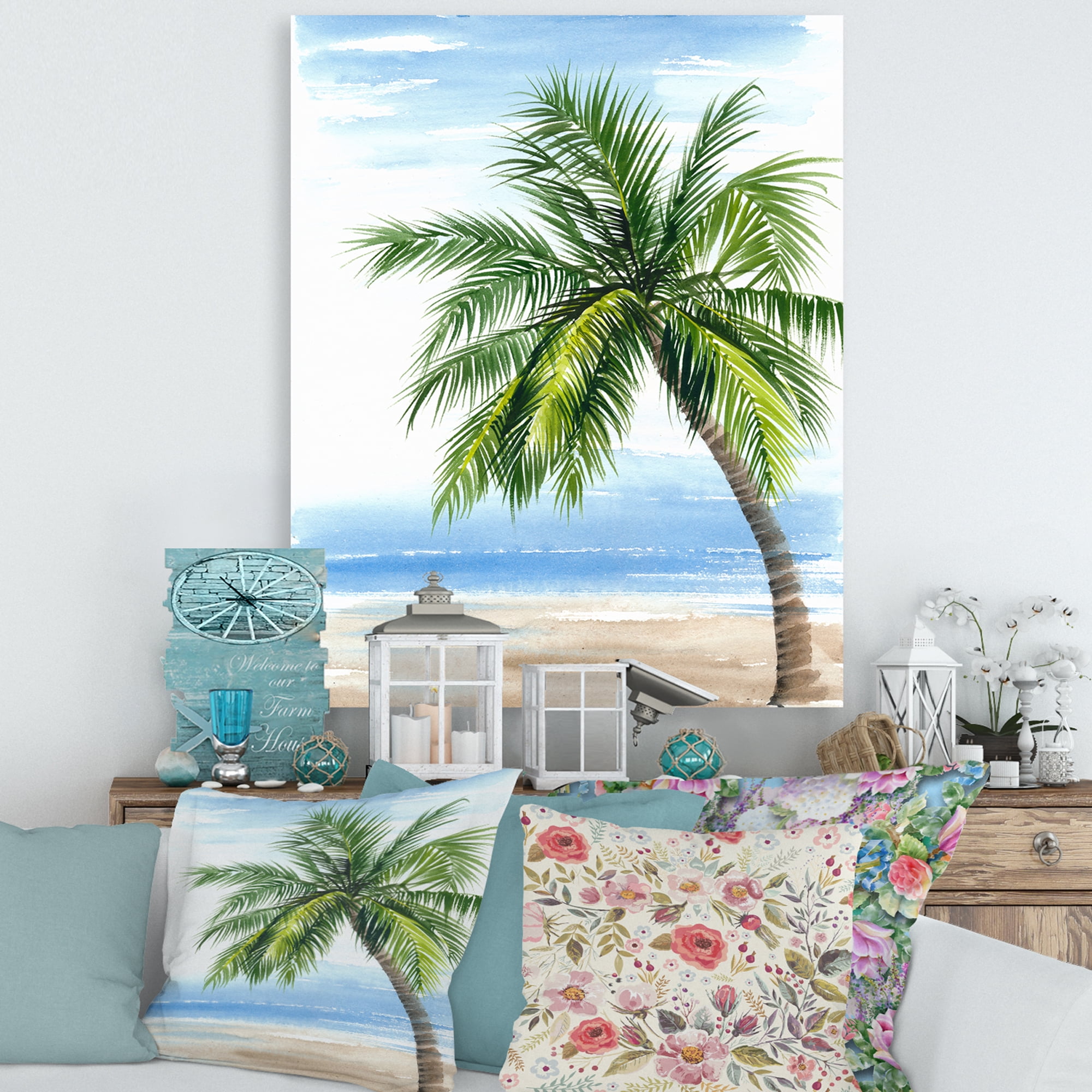 Designart ' Palm Tree At The Beach ' Nautical & Coastal Canvas Wall Art Print