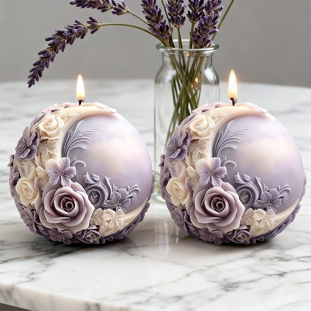 Spherical Moon Flower Silicone Mold Candle Molds for Crafts 3D Silicone Molds with Moon Rose Relief Home Decorations Flower Candle Mold DIY Soap Gypsum Scented Candles Resin Casting Ornaments Mould
