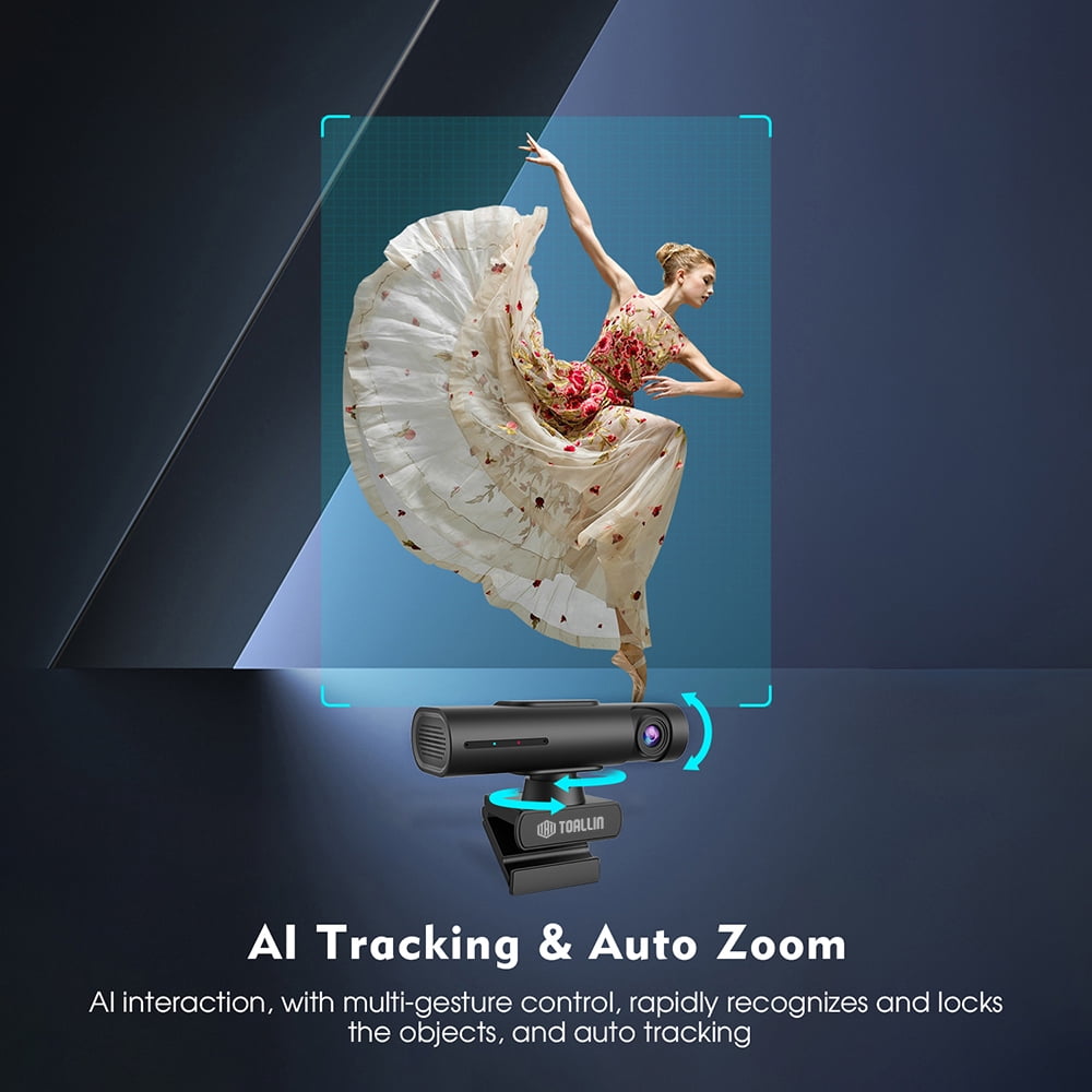 TOALLIN GC90 2K ai Tracking PTZ Webcam, Gesture Control & Dual Noise-Canceling Mics, 95° Wide-angle Lens, USB-A/C ,Plug & Play, Streaming Camera