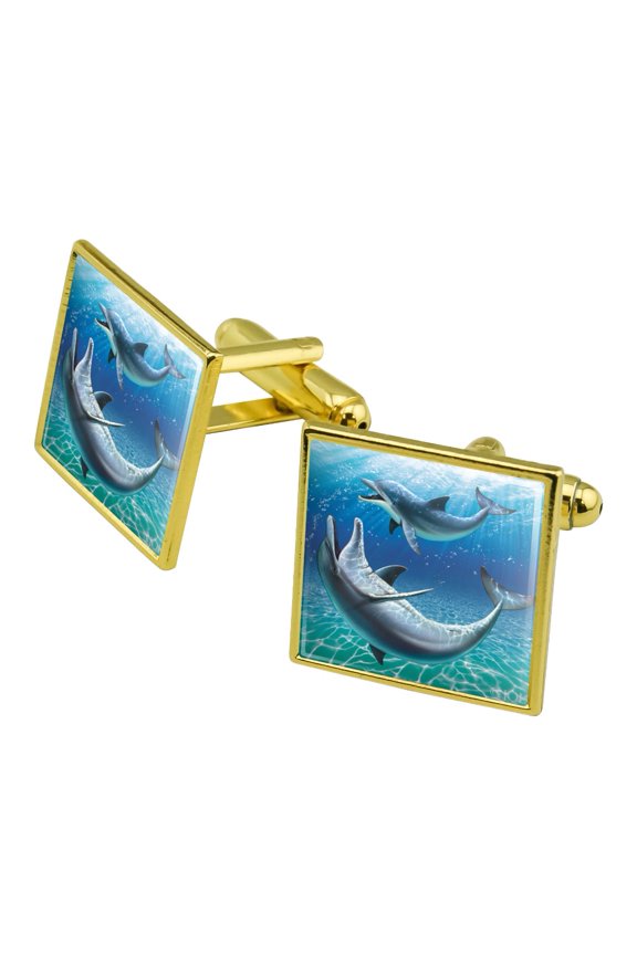 Dolphin and Baby Having Fun Ocean Square Cufflink Set - Silver or Gold