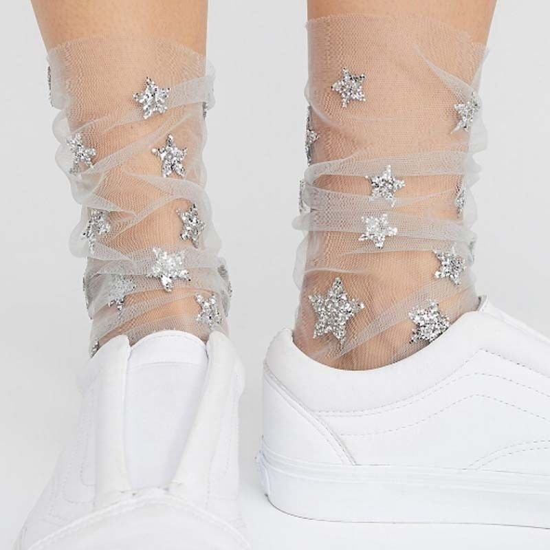 Women Mesh Sheer Loose Fit Glitter Star Printed Ankle Socks