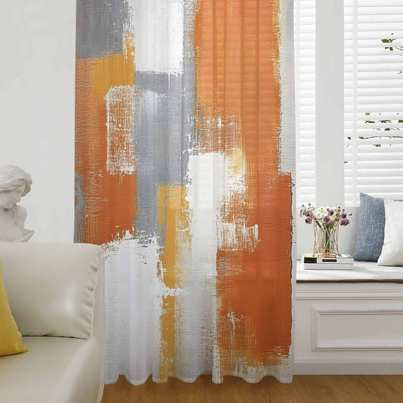 Burnt Orange Grey Semi Sheer Curtains Drapes for Living Room,Bedroom,French Doors Window 63 Inches Long,Modern Oil Painted Geometric Abstract Rod Pocket Chiffon Curtain Drapery Voile Draperies Panel