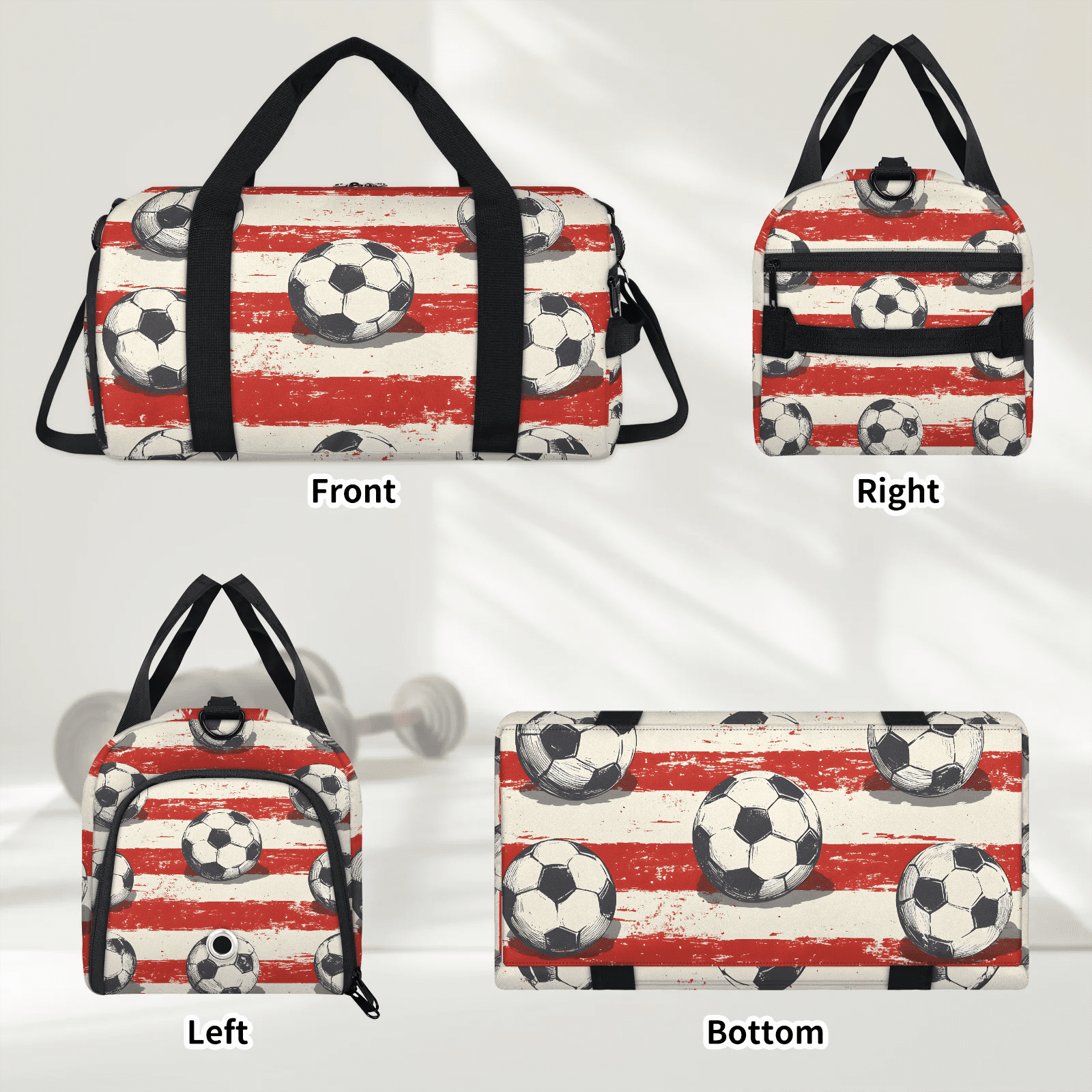 Travel Duffel Bag for Sports Gear, Weekender Carry-On Bag with Shoe Compartment, 17.72x9.06x8.46 Inches, Soccer Ball Print