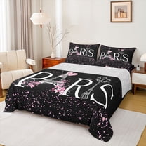 Homewish Paris Eiffel Tower Full Size Sheets, Romantic Bling Stars Flower Bed Sheets, Black Pink Fashion Sheet Sets, Super Cozy Room Decor, 4-Piece