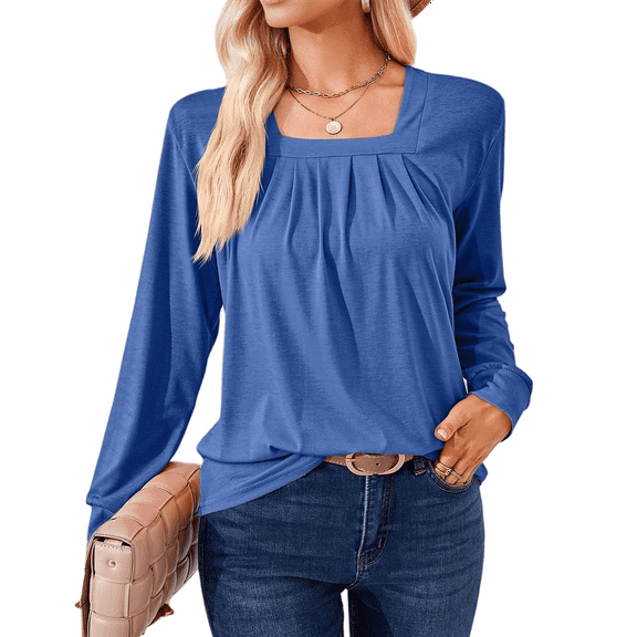 Womens Long Sleeve Tunic Tops Pleated Square Neck Casual Loose Fit Blouse Shirt Fancy Blue S