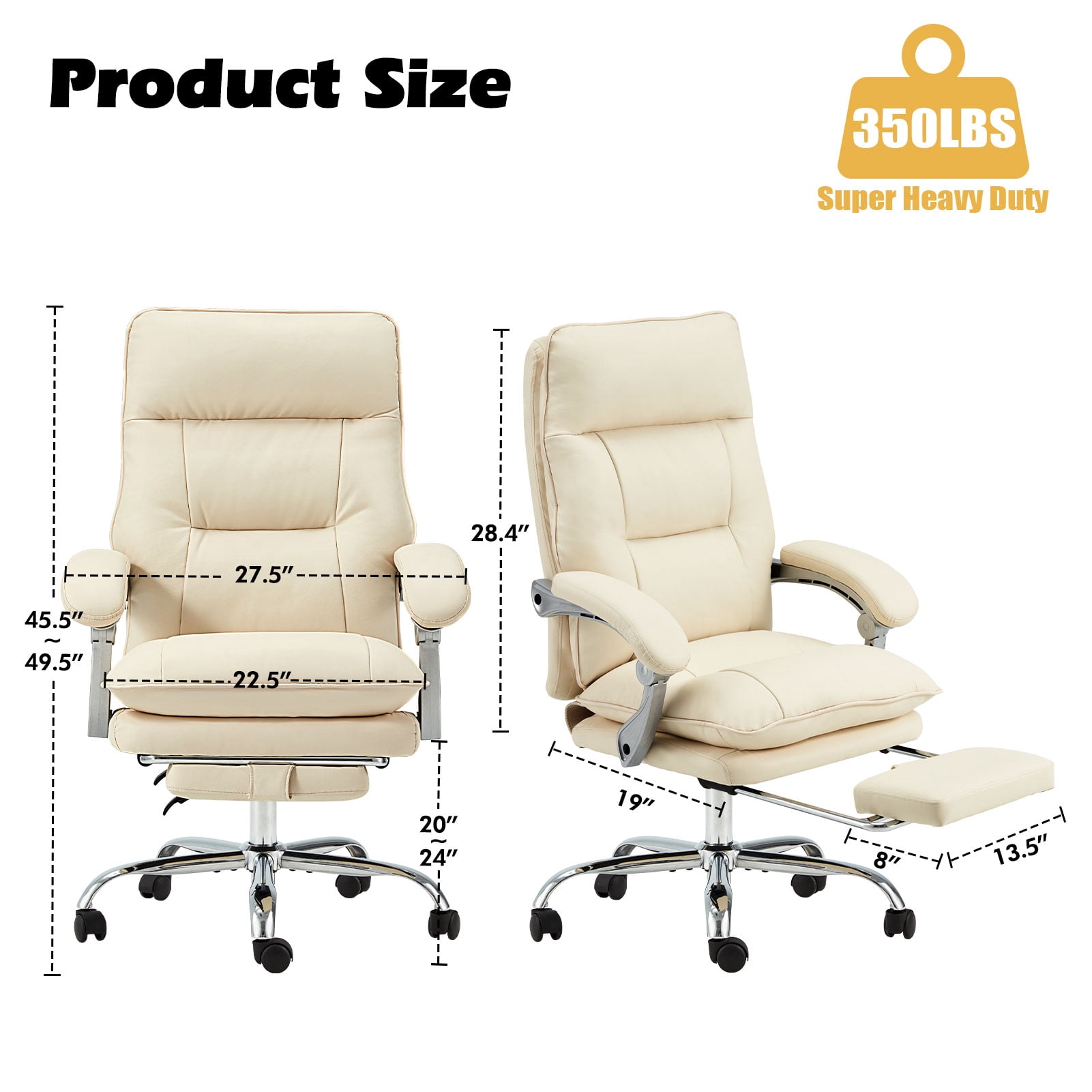 zzw Reclining Big and Tall Office Chair with Footrest - 350 lbs Capacity High Back Ergonomic Executive Desk Chair for Home and Gaming, White