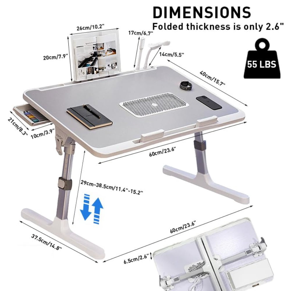 Laptop Desk for Bed Height Adjustable, Lap Bed Table with Cooling Fan/USB/Storage Drawer/Cup Holder/Tablet Stand/Book Shelf, Foldable Breakfast Tray Portable for Reading Writing, Sofa and Floor