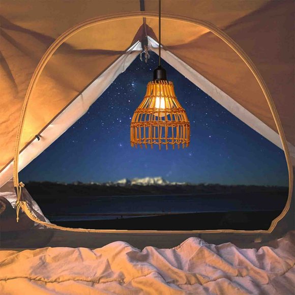 HLONK Outdoor Rattan Pendant Light Solar Battery Operated Chandelier For Gazebo Vintage Hanging Lamp Handmade Rattan Shade Decorative Lights Hanging Lantern For Porch Patio Backyard