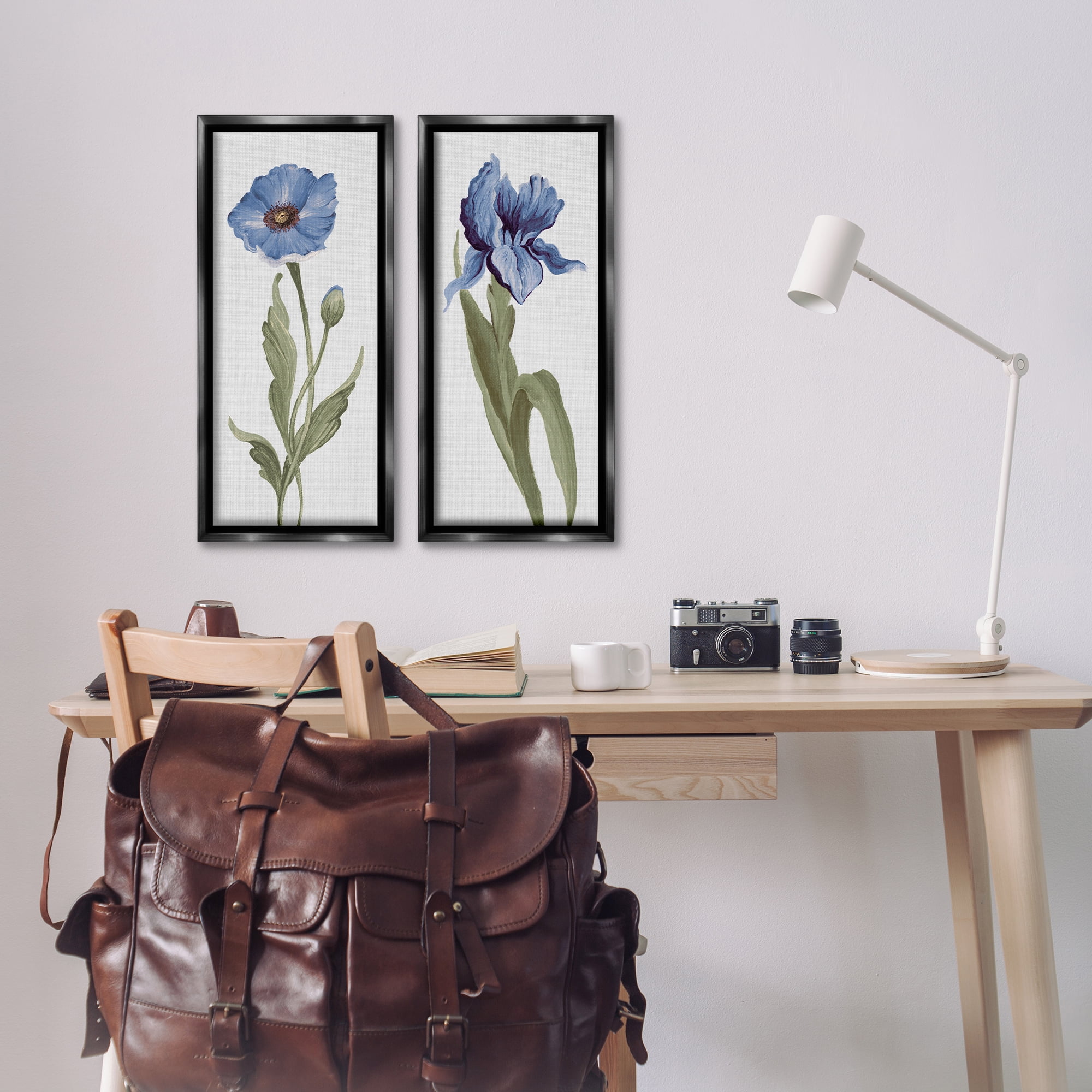 Stupell Industries Blue Poppy and Iris Flowers Plants & Flowers Painting Black Floater Framed Canvas Art Print Wall Art, 11 x 25, Set of 2