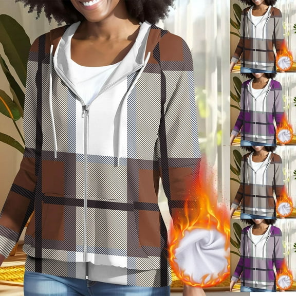 BXINGOHAI Women's Fleece Lined Zip Up Hoodies Casual Hooded Jacket Workout Full Zip Sweatshirts Pocket Coats Brown,S