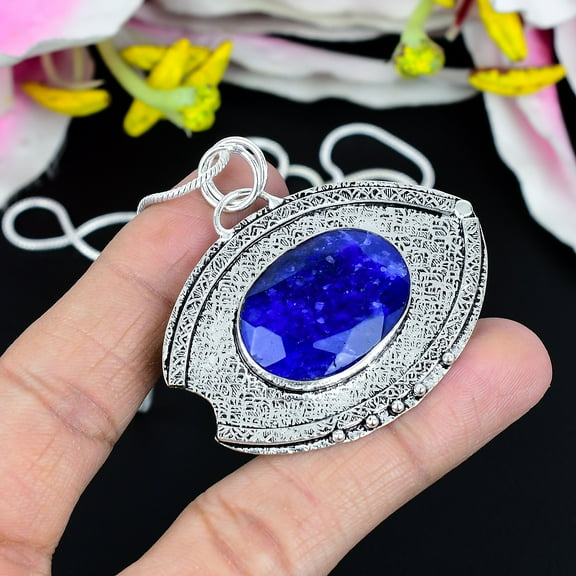 Blue Jade Gemstone Handmade 925 Sterling Silver Jewelry Pendant 2.05"