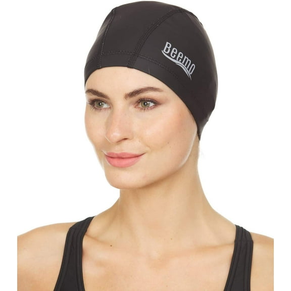 Beemo Latex Lycra Swim Cap for Long or Short Hair - Stretchable Head Cap - Black