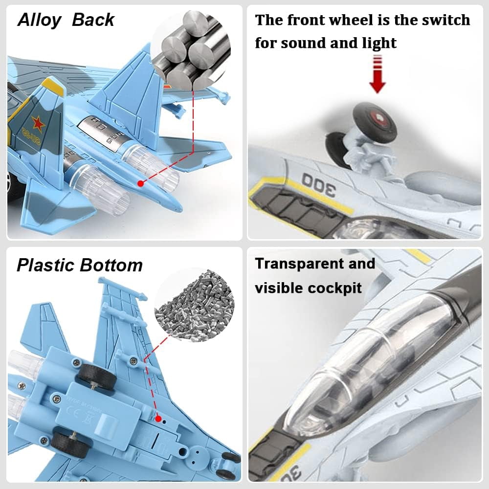 2 Pack Diecast Airplane Toys, SU35 F18 Model Plane Toy, Pull Back Toy Jets with Light & Sound for Gifts Collection Decor