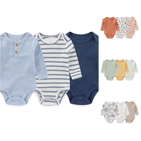 MEZZALL Child Autumn Baby Long Sleeved 3-Pack Ribbed Knit Bodysuits Jungle Giraffe Leaf Pattern Soft Layering Rompers Soft Onesies