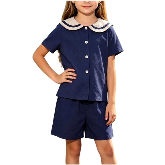 Odeerbi Chicos Niñas 2 Piezas Preppy Traje Color Bloque Marinero Cuello Camisa y Pantalones Cortos Uniforme Escolar Conjunto