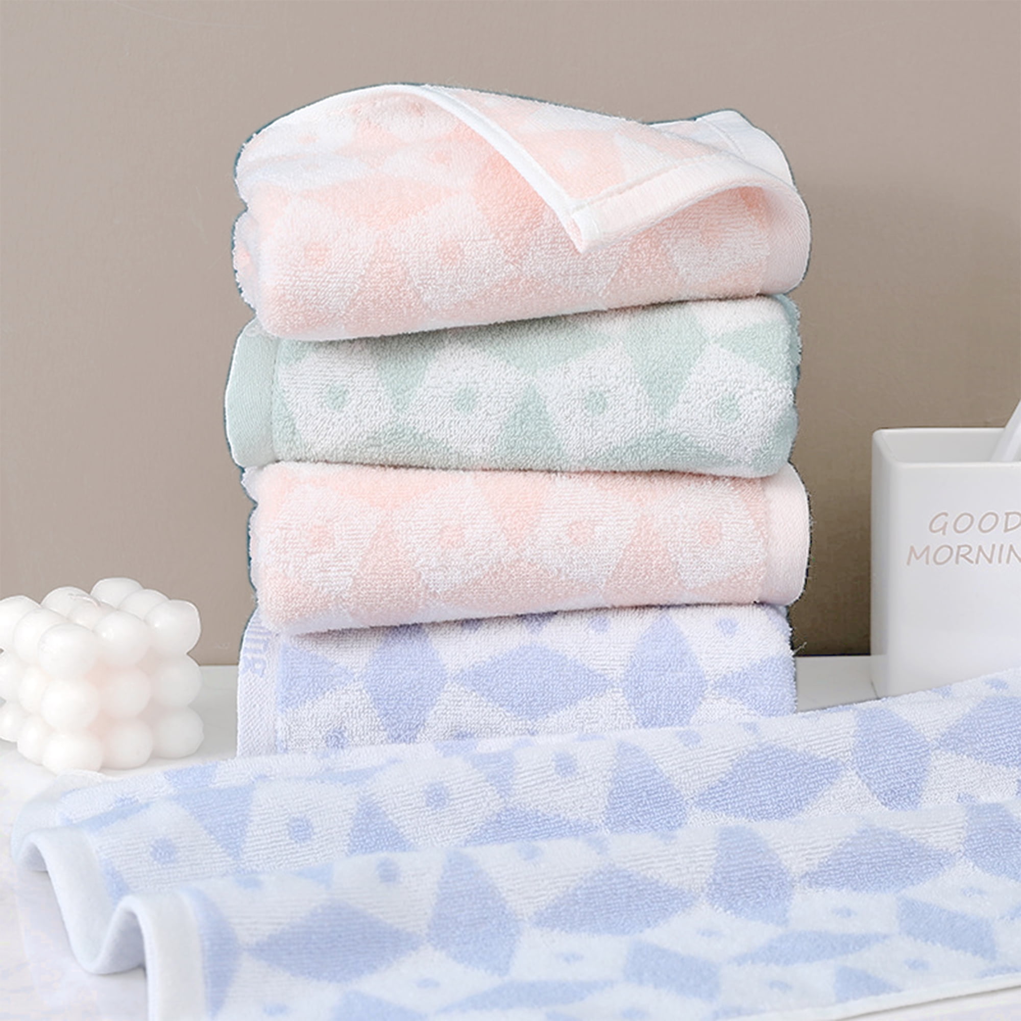 Unique Bargains Geometric Pattern Hand Towels Cotton Kitchen Bathroom Towels Green 4-Piece