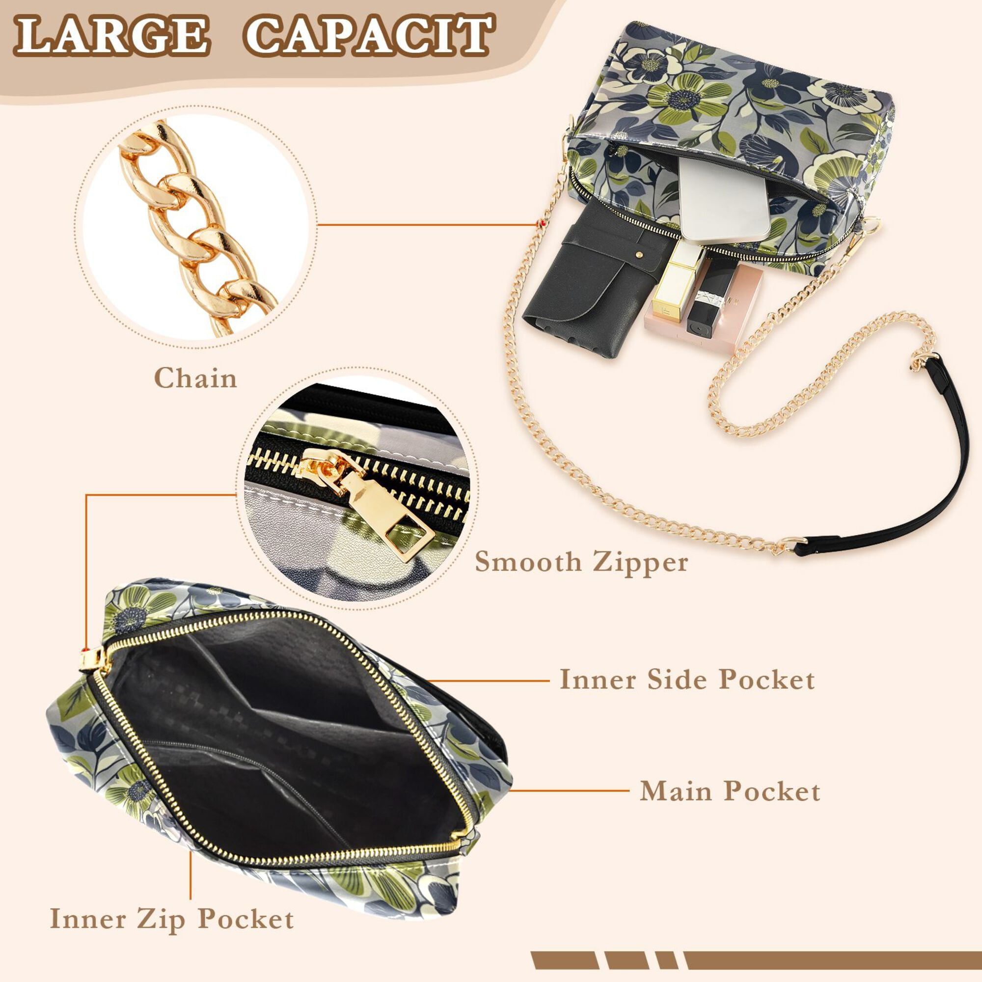 FORMRS Women Crossbody Purse with Chain Strap Vegan Leather Shoulder Handbag, Green Floral