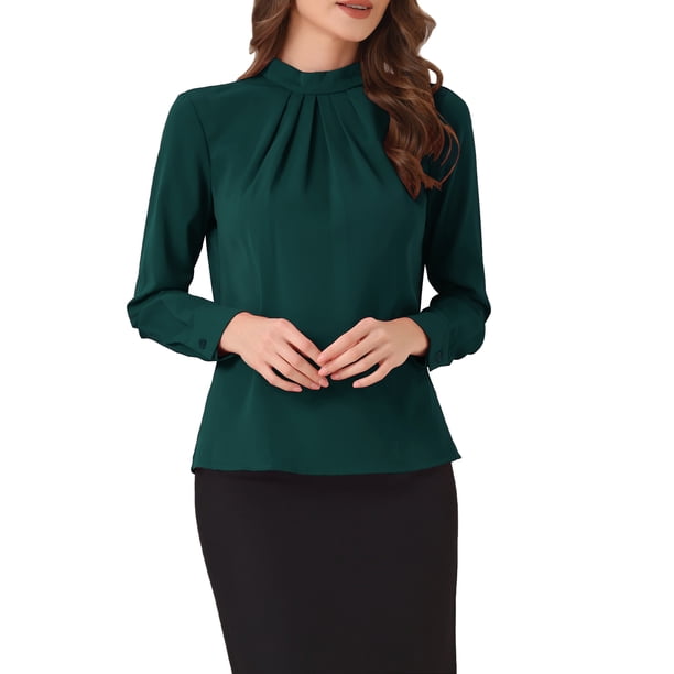 BLUSA DE CHIFFON CON CUELLO ALTO INSPIRADA EN CHIC OTOÑO INVIERNO PARA MUJERES, CAMISA DE MANGA LARGA DE NEGOCIOS CASUAL TALLA XL VERDE OSCURO