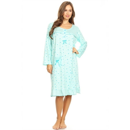 16009 Womens Nightgown Sleepwear Pajamas Woman Long Sleeve Sleep Dress Nightshirt Green