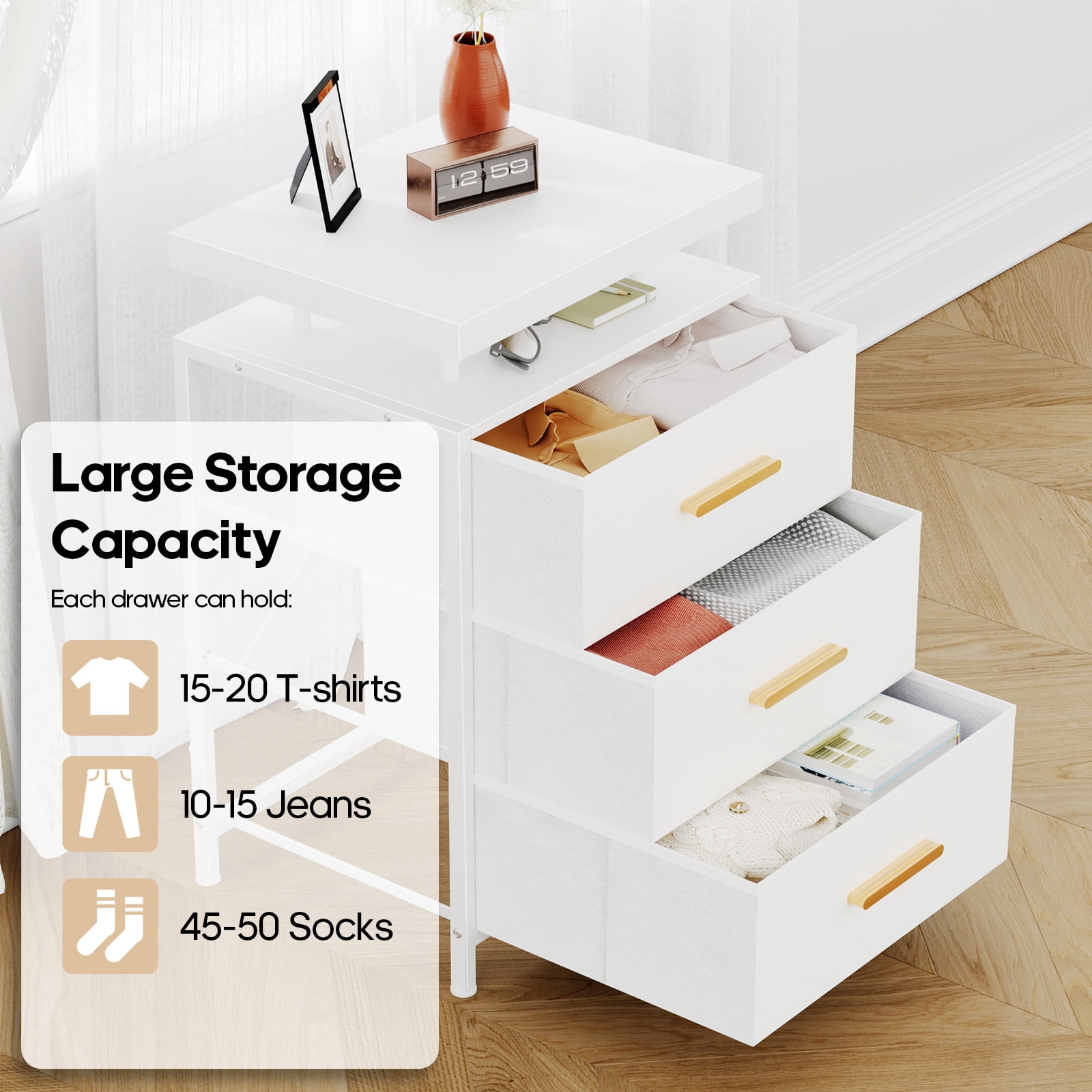 Smart LED Nightstand with 3 Drawers Modern Design Table for Bedroom, Closet, Dorm, White