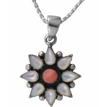 3 Mother Of Pearl - Sterling Silver Genuine Mother of Pearl and Pink Coral Flower Pendant
