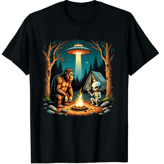 Funny Bigfoot & Alien UFO Camping Outdoor Adventures Hiking Graphic Black T-Shirt for Men and Women