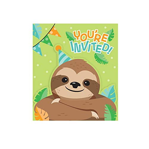 Creative Converting Sloth Party Invitations, 8 ct, Mulit-color, 4.5" x 4.5"