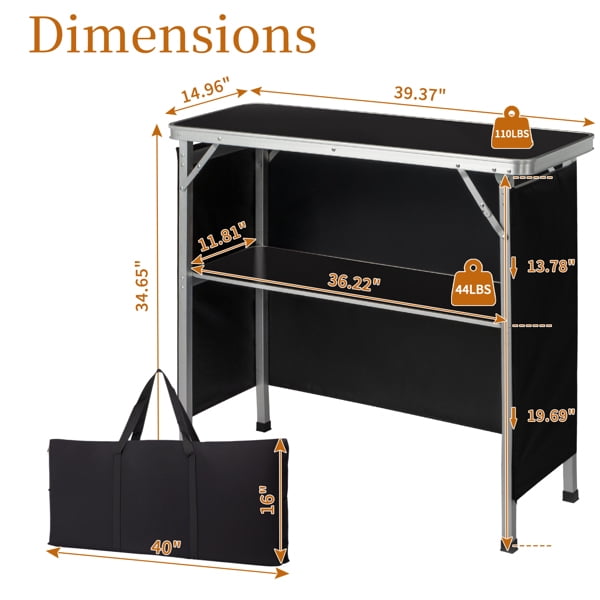 Alvantor Folding Table with Shelf, Portable Trade Show Podium Counter with Black Skirt and Carrying Bag for Events Parties Exhibitions