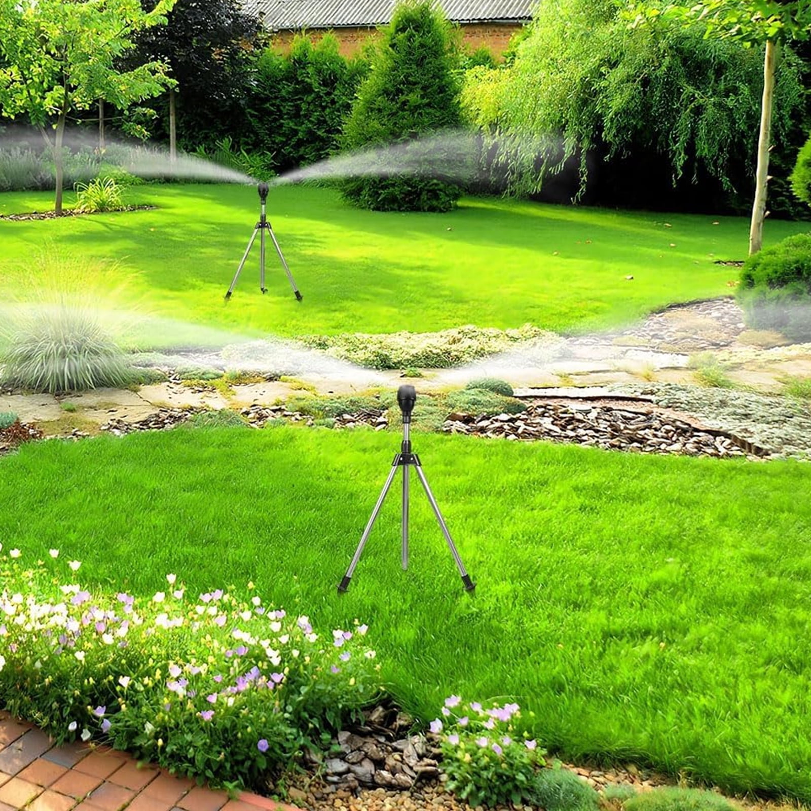 360 Rotating Garden Sprinkler On Adjustable Tripod Base 3/4Inch Hose Adapter for Patios Greenhouses Flowerbed Watering