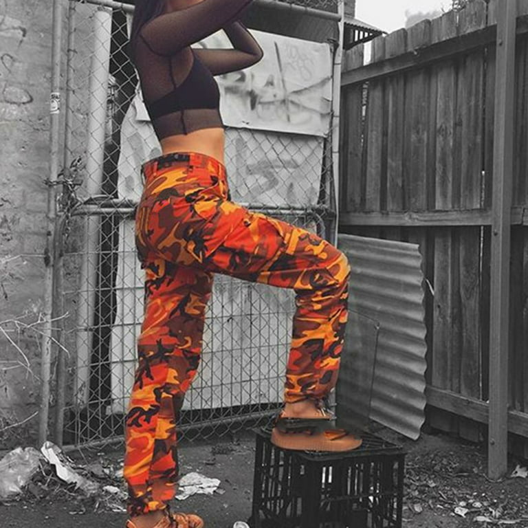 JWZUY Women's Camo Pants Cargo Trousers Cool Camouflage Pants Button Zippe  Up Elastic Waist Casual Multi Outdoor Jogger Pants with Pocket Orange L 