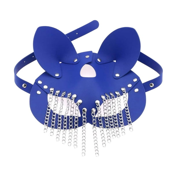 Máscara de gato Yinane de borla de metal de cuero PU accesorio para foto disfraz de Halloween Azul claro