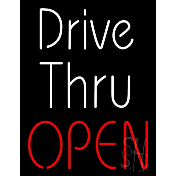 White Drive Thru Red Open LED Neon Sign 19 x 15 - inches, Clear Edge Cut Acrylic Backing, with Dimmer - Bright and Premium built indoor LED Neon Sign for restaurant window and interior decor.