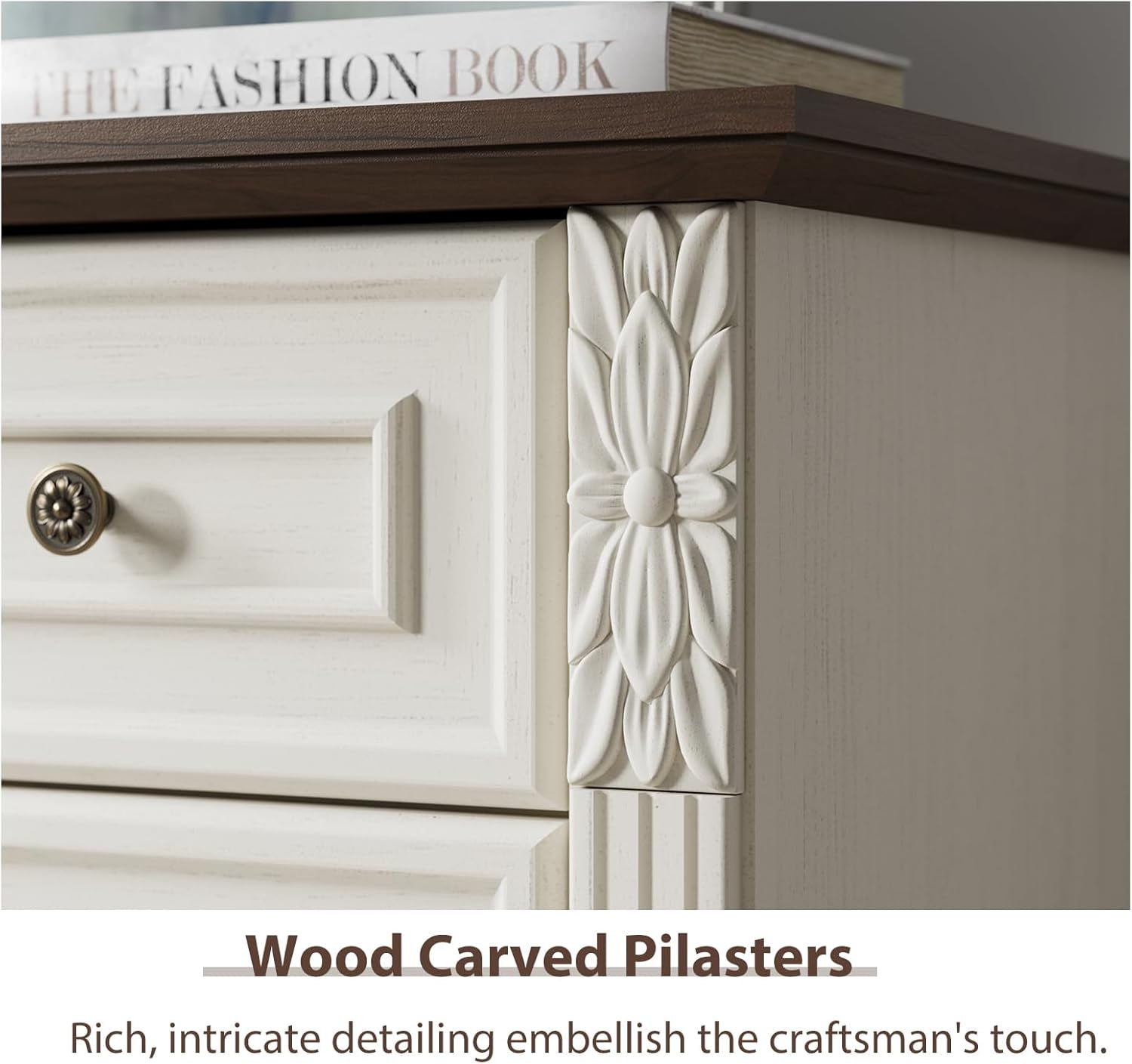 BOSHIRO 7-Drawer Dresser for Bedroom, Farmhouse Carved Wide Storage Chest Organizer with Brown Top, Antique White Finish