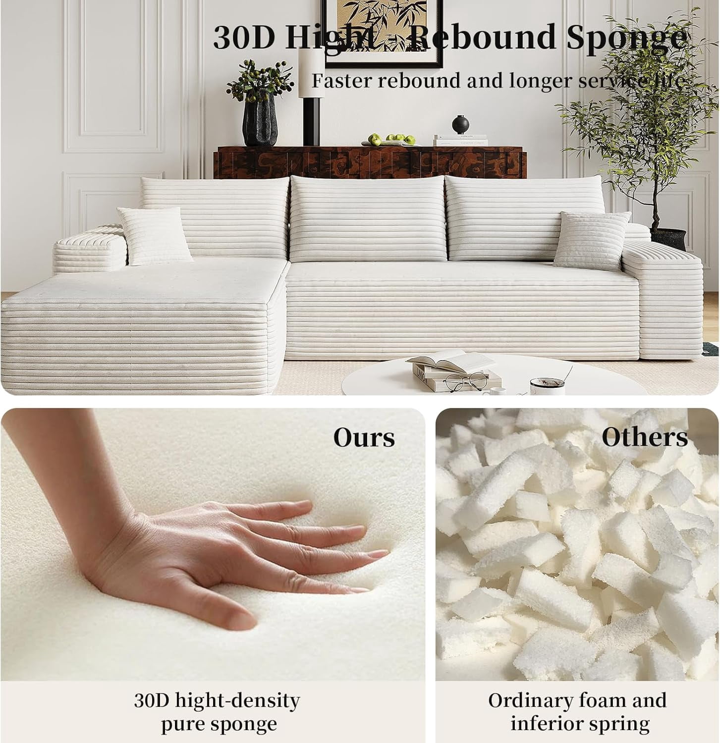 Sailvan 107" Cloud Sectional Couch, Cloudy Sofa with L-Shape Chaise, Upholstered Couches for Living Room & Bedroom, No Assembly Required, Plush Corduroy Fabric, Beige