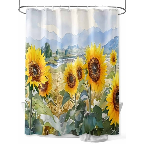 Fsddascl Summer Sunflower Shower Curtain Set - 36" x 78" Washable Bathtub Curtain with 12 Hooks, Spring Pastoral Retro Mountain Floral Waterproof Fabric Stall Shower Curtains for Bathroom/Bathtub