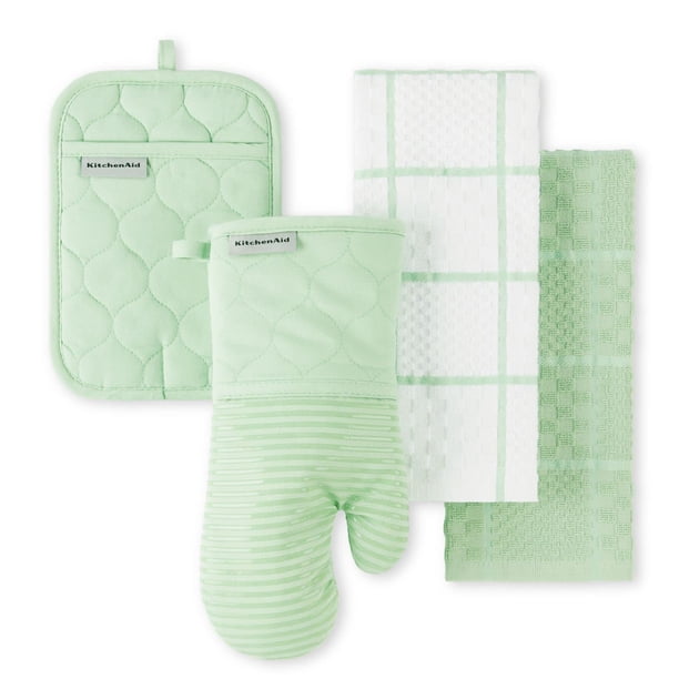 Juego de 4 guantes acolchados de algodón rizado para horno, soporte para ollas y paños de cocina KitchenAid