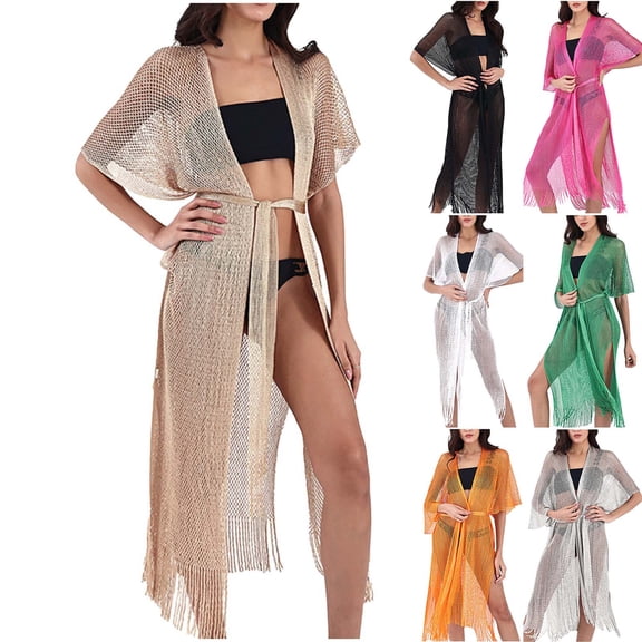 Feancey Womens Crochet Beach Cover Ups Tie Front Lightweight Long Cardigans See Through Tassel Hem Bikini Coverups with Black Free Size