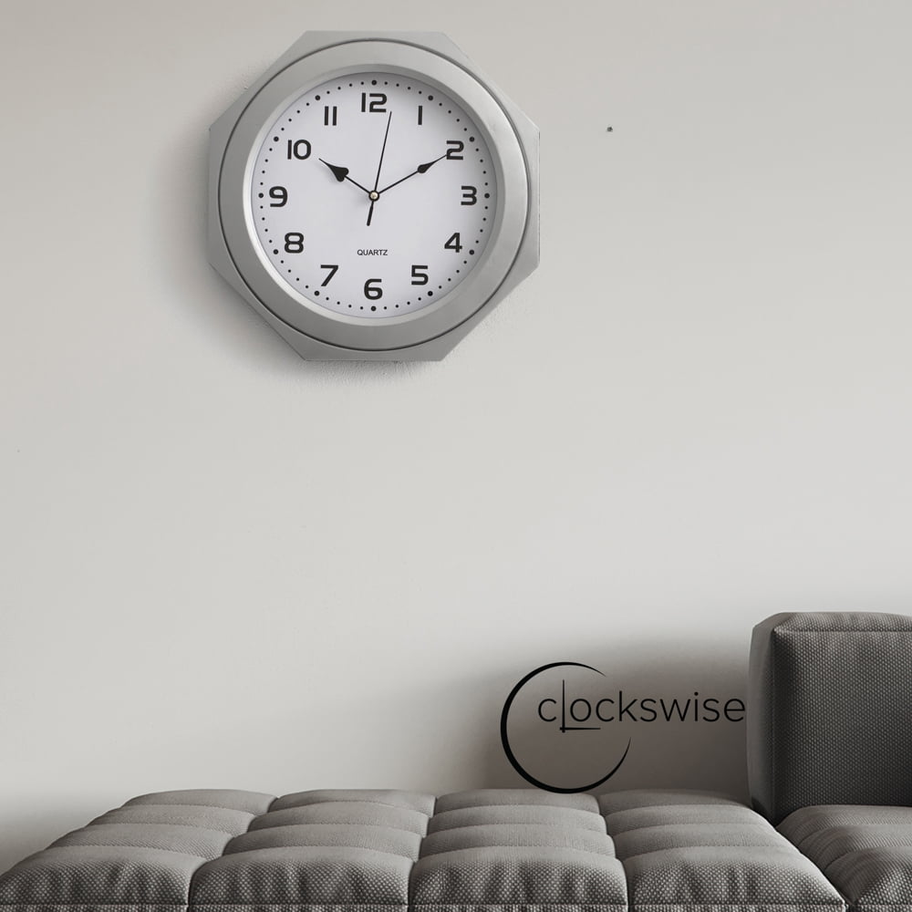 Clockswise 12-in Non-Ticking Octagon Plastic Analog Wall Clock - Elegant Decorative Accent for Home Décor in Bedroom, Bathroom, Living Room, Dining Room, Entryway, Hallway, Kitchen or Office, Silver