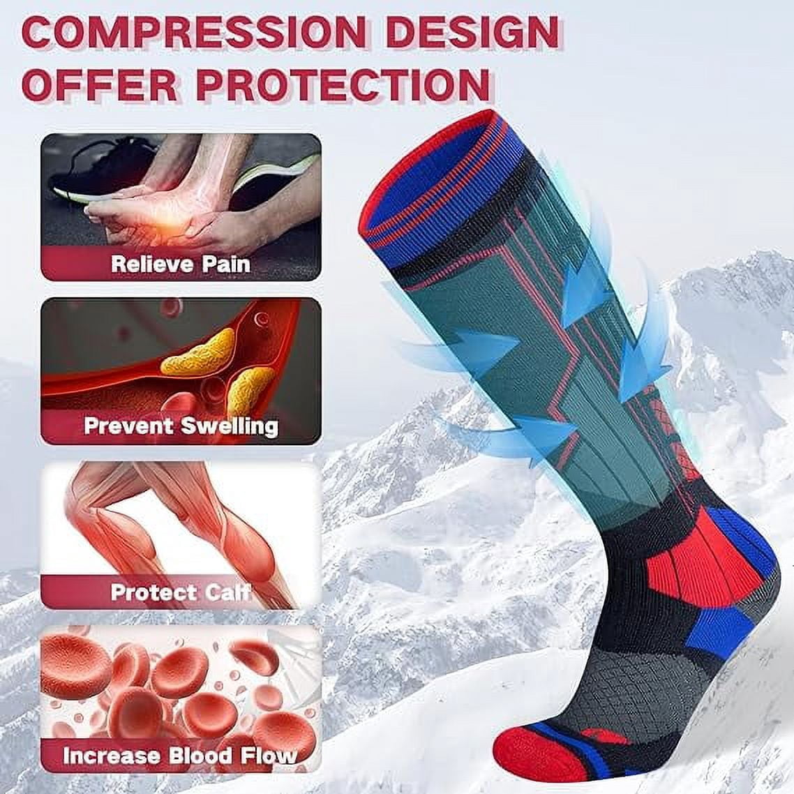 2 Pairs Merino Wool Ski Socks, Men Women Compression Snowboard Winter Thermal Socks for Skiing, Snowboarding, Cold Weather, Winter (Redblue USA Size 13-16)