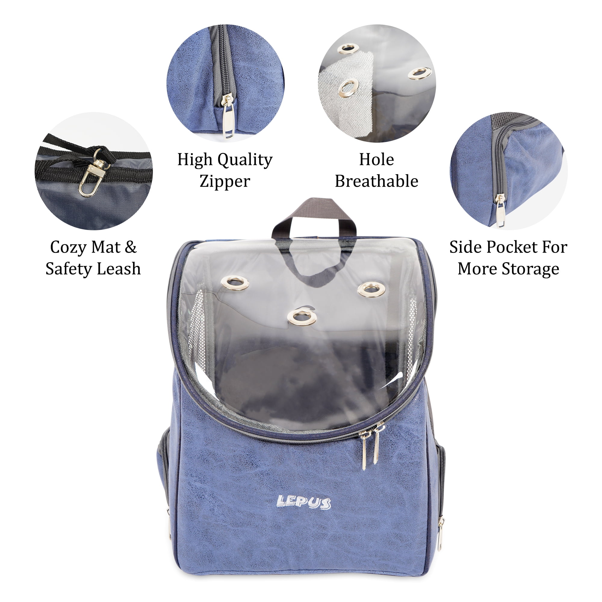 Airline Approved Dog and Cat Backpack Carrier for Small Dogs - Water, Stain Proof Dog Hiking Backpack with Mesh Cover, Waist Belt - BLUE-LEATHER