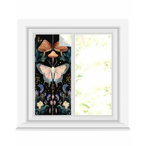 Window Privacy Film Black Butterfly Spring Stained Glass Window Film Decorative Sun Block Window Cover Summer Botanical Watercolor Window Clings Static Adhesive Sticker for Bathroom 17.7"x39.3"