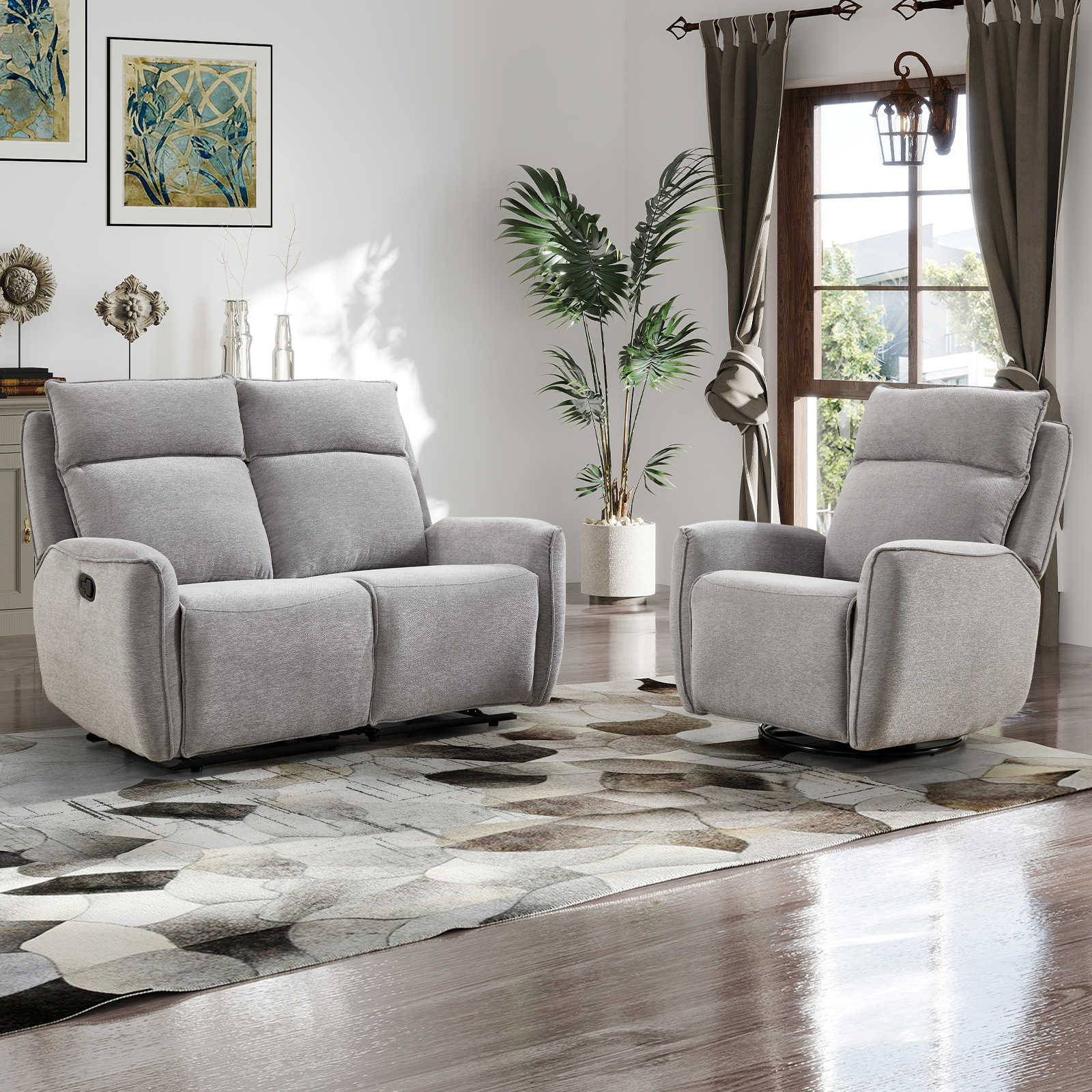 Bonzy Home Fabric Manual Recliner Sofa Set — Single Recliner & Loveseat with Center Console, Hidden Storage & Cup Holders