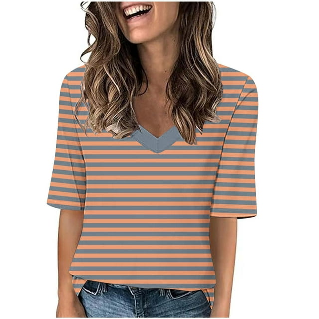 Lenpel T-Shirts pour Femmes Tendance Décontracté Manches Courtes Col en V Tunique Rayée Tee Blouses Amples Hauts d'Été