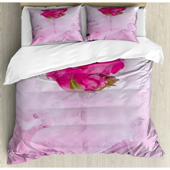 Art Abstract Duvet Cover Set Queen Size, Floral Fine Art of a Romantic Rose Oil Painting with Strokes, Decorative 3 Piece Bedding Set with 2 Pillow Shams, Pale Mauve Magenta Fawn, by Ambesonne