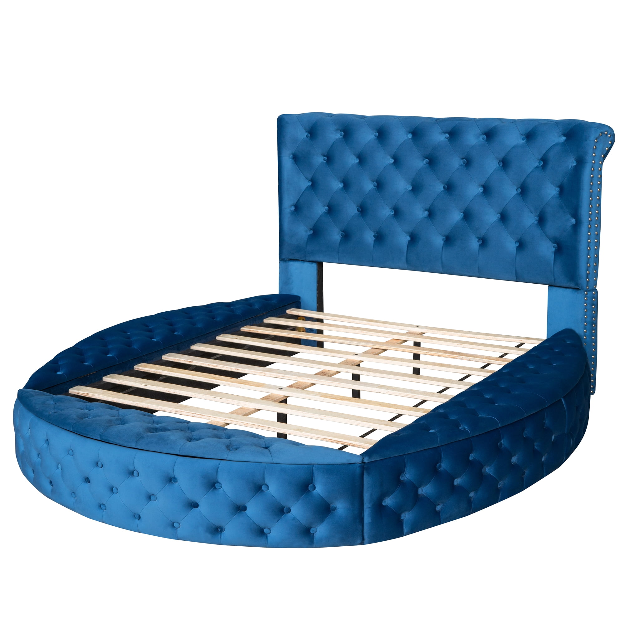 Full Size Round Shape Upholstery Low Profile Storage Platform Bed with Storage Space on Both Sides, Blue