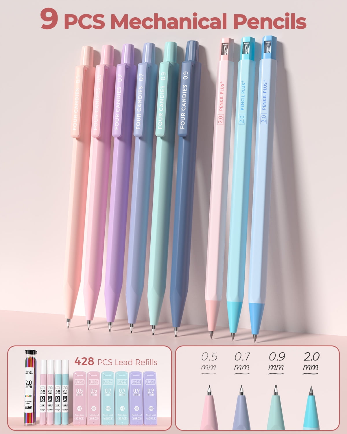 Four Candies 56 PCS Aesthetic Supplies with Large Pencil Case, 6 Colored Ballpoint Pens, 12 Pastel Highlighters, 5 Black Ink Gel Pens, 9 Mechanical Pencils 0.5-2.0mm Essentials (Pink)