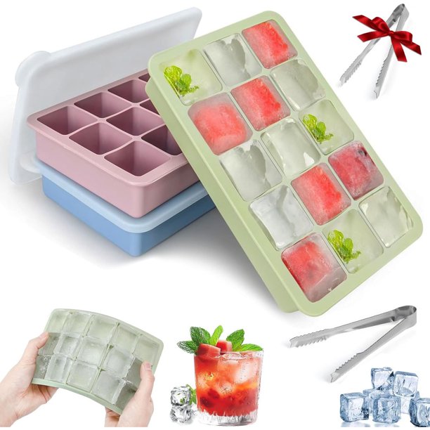 3 PCS Moldes para Cubitos de Hielo con Tapa, Molde de silicona para cubitos de hielo, Bandejas Para Cubitos de Hielo, Bandejas de Silicona Reutilizables con Diseño Presionado (15 rejilla)
