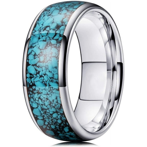 Wedding Rings For Men. 8mm Crushed Turquoise Silver Tungsten Wedding Band
