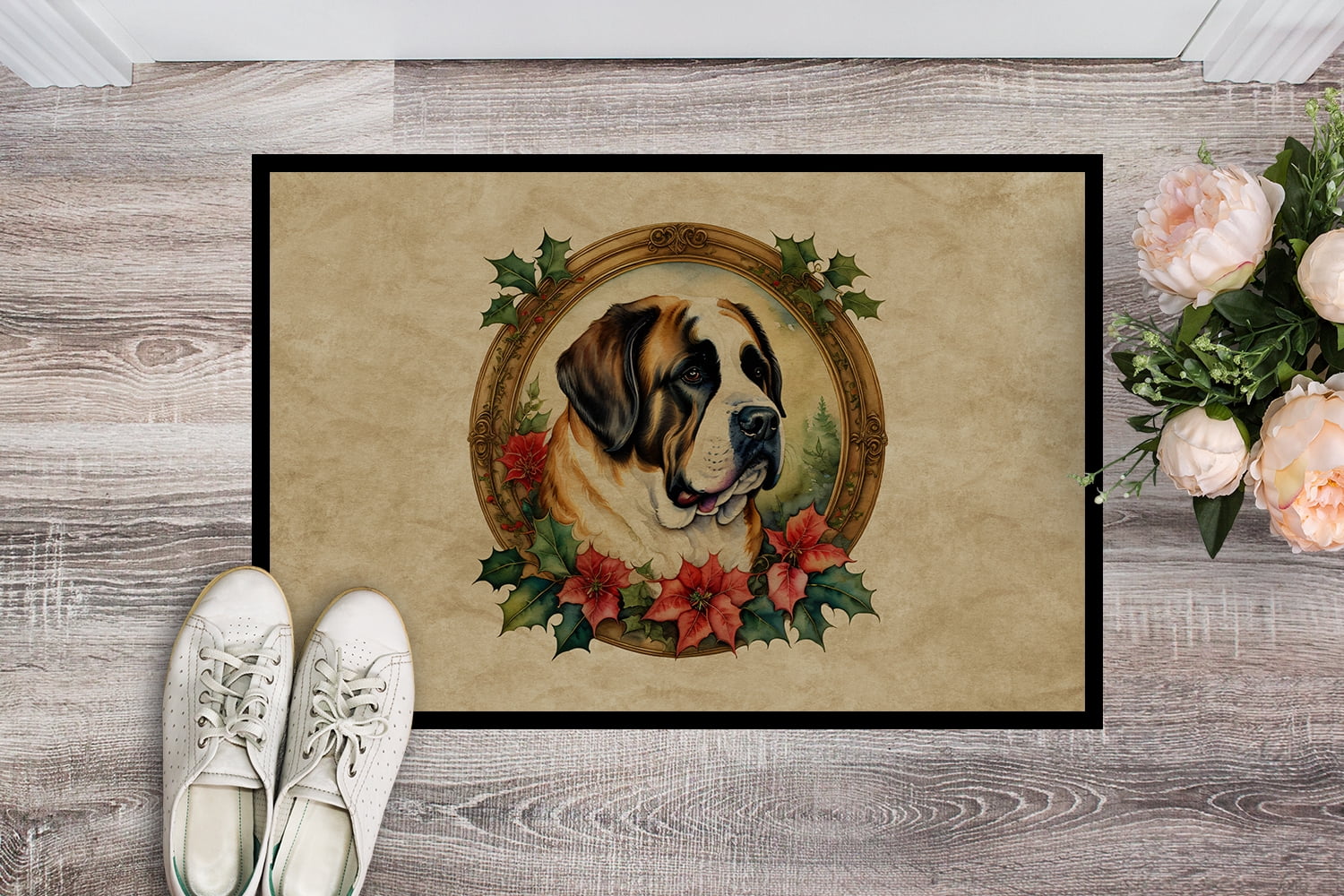 Carolines Treasures DAC2420MAT 18 x 27 in. Unisex Saint Bernard Christmas Flowers Doormat